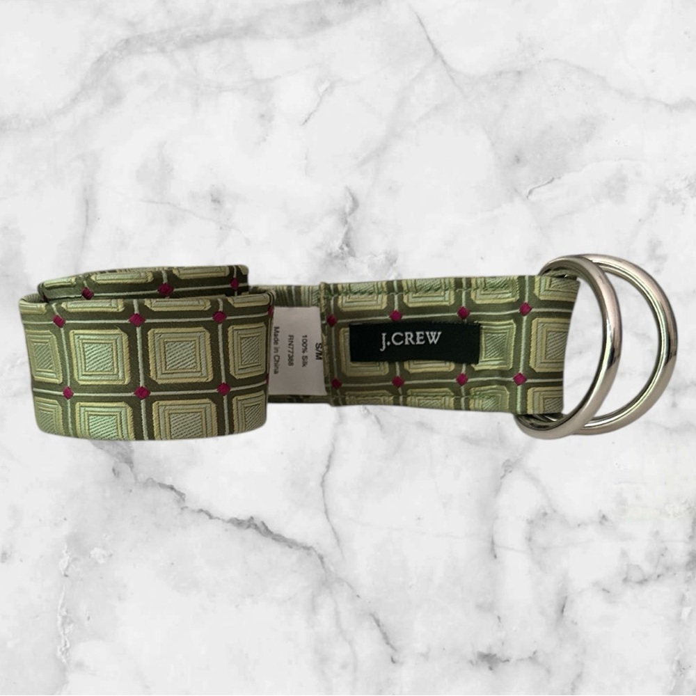 J.Crew Silk Green Geometric Belt with Pink Dots, Size S/M